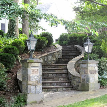 Stone Curving Steps w Lamp Posts & Walls