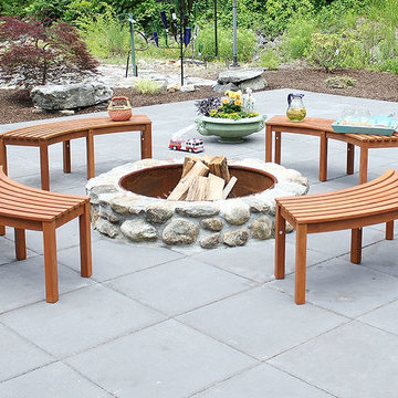 Stone Firepit with Achla Designs Curved Backless Benches (OFB-20N)