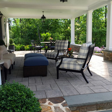 Stone Raised Patio With Overhead Roof Structure In Basking Ridge, New Jersey