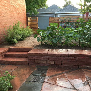 Stone Seat Wall and Stair, Dry Laid; Salvaged Stone Patio, Sand Set + Rustic