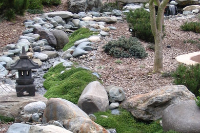 Ejemplo de jardín de estilo zen en patio trasero con fuente