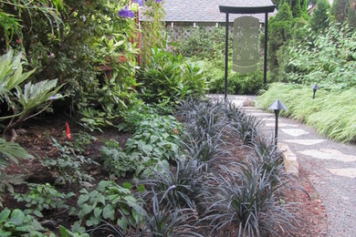 Inspiration for a mid-sized asian full sun backyard gravel retaining wall landscape in Portland.