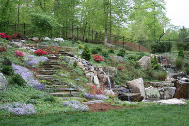 This is an example of a mid-sized transitional full sun backyard formal garden in Raleigh.