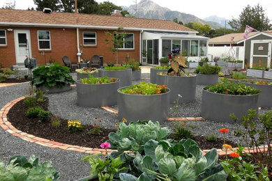 Свежая идея для дизайна: солнечный участок и сад среднего размера на заднем дворе в стиле фьюжн с хорошей освещенностью и покрытием из гравия - отличное фото интерьера