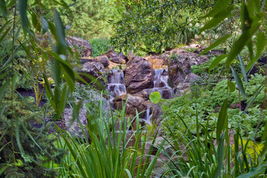 Exemple d'un très grand xéropaysage arrière montagne l'automne avec un point d'eau, une exposition ombragée et des pavés en pierre naturelle.