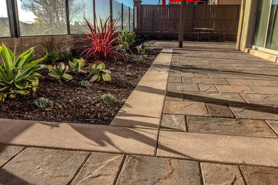 This is an example of a small rustic drought-tolerant and full sun backyard concrete paver landscaping in San Diego.