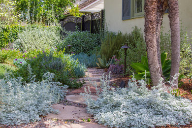 ロサンゼルスにある中くらいな地中海スタイルのおしゃれな前庭 (庭への小道、日向、天然石敷き) の写真