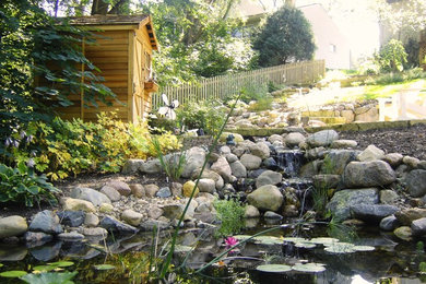 Cette image montre un jardin traditionnel de taille moyenne avec un bassin, une exposition ombragée, une pente, une colline ou un talus et un paillis.