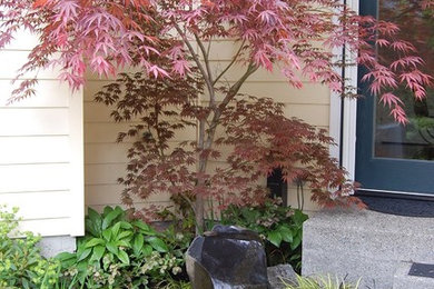 This is an example of a small classic courtyard partial sun garden in Seattle with a water feature.