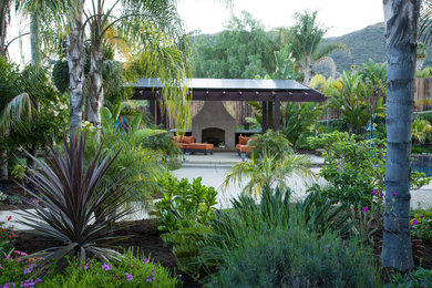 Immagine di un grande giardino tropicale esposto in pieno sole dietro casa in estate con un focolare