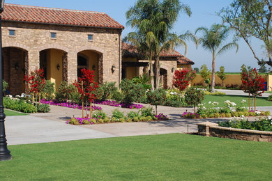 Diseño de camino de jardín mediterráneo extra grande en primavera en patio trasero con exposición total al sol y adoquines de hormigón