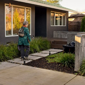 Two mid-century modern front yards