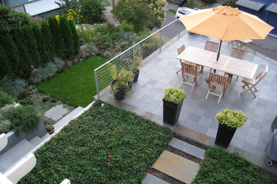 Modelo de jardín actual en patio trasero con jardín de macetas y adoquines de piedra natural