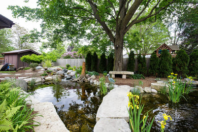This is an example of a large transitional backyard stone pond in Toronto.