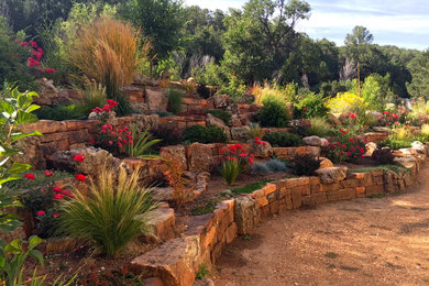 Design ideas for a mid-sized traditional drought-tolerant and full sun backyard retaining wall landscape in Albuquerque for summer.