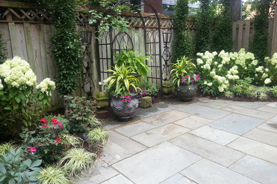 Inspiration for a small traditional shade backyard stone formal garden in Chicago for summer.