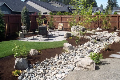 Идея дизайна: засухоустойчивый сад на заднем дворе с садовой дорожкой или калиткой и покрытием из гравия