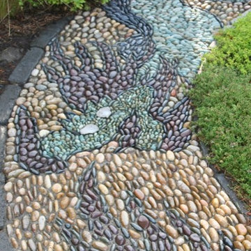 View of Dragonfly Hollow garden towards pebble mosaic