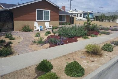 Ejemplo de jardín de secano de estilo americano de tamaño medio en verano en patio delantero con exposición total al sol y gravilla