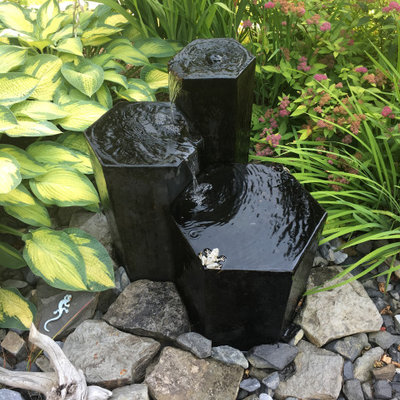 Inspiration for a rustic backyard water fountain landscape in Vancouver.
