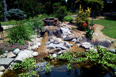 Foto de jardín contemporáneo grande en patio trasero con fuente, jardín francés y exposición total al sol