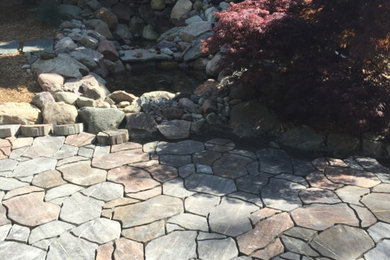 Modelo de jardín en patio trasero con fuente y adoquines de piedra natural