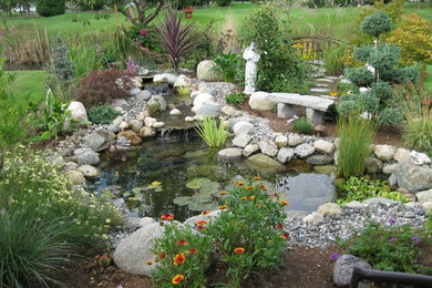 オレンジカウンティにある広いコンテンポラリースタイルのおしゃれな裏庭 (池、日向、マルチング舗装) の写真