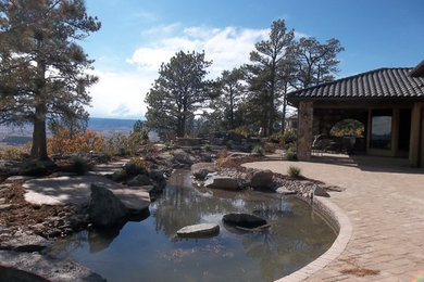 Diseño de jardín de estilo americano grande en verano en patio trasero con fuente, exposición parcial al sol y adoquines de piedra natural