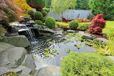 Imagen de jardín tradicional de tamaño medio en patio trasero con jardín francés, estanque y exposición parcial al sol