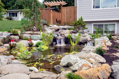 This is an example of a large asian full sun front yard stone pond in Seattle for summer.