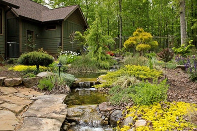 ローリーにある高級な広いコンテンポラリースタイルのおしゃれな裏庭 (半日向、池) の写真