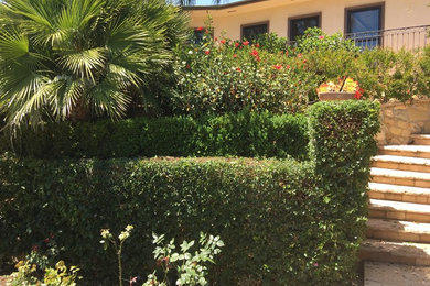 Diseño de camino de jardín mediterráneo en verano en ladera con jardín francés, exposición total al sol y adoquines de ladrillo