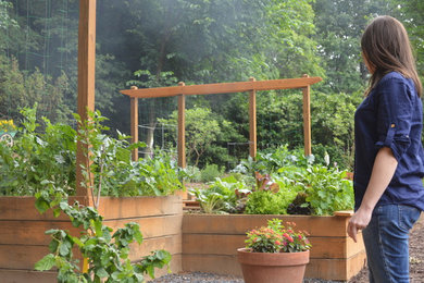 Modelo de jardín de estilo de casa de campo de tamaño medio en patio trasero