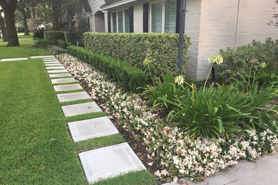 ヒューストンにあるお手頃価格の中くらいな、春のコンテンポラリースタイルのおしゃれな前庭 (庭への小道、日陰、コンクリート敷き	) の写真