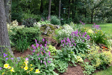 Inspiration för mellanstora klassiska trädgårdar i skuggan i slänt på sommaren