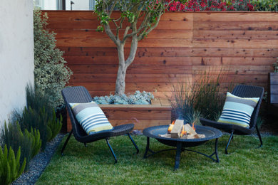 This is an example of a mid-sized modern drought-tolerant and partial sun backyard landscaping in San Francisco with a fire pit.