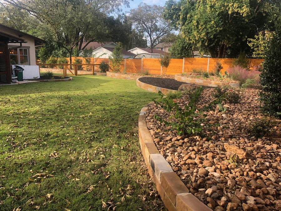 Xeriscape, Sandstone raised bed w/ Colorado River Rock and New Sod
