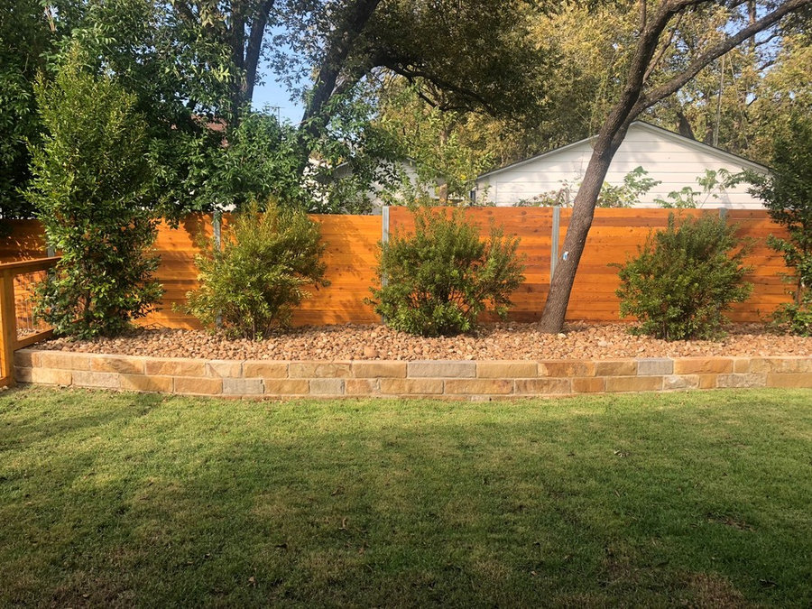 Xeriscape, Sandstone raised bed w/ Colorado River Rock, "future" privacy shrubs