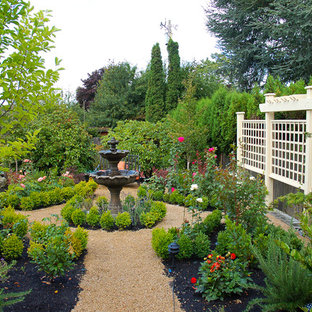 Esempio di un giardino formale classico esposto in pieno sole di medie dimensioni e dietro casa con fontane e ghiaia