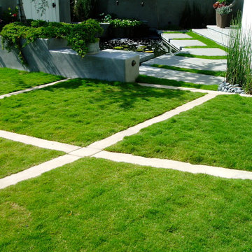 Zen, koi, floating steps, beach plantings, bungalow