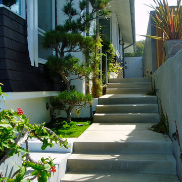Zen, koi, floating steps, beach plantings, bungalow