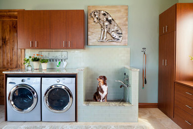 Inspiration for a rustic l-shaped beige floor laundry room remodel in Denver with flat-panel cabinets, a side-by-side washer/dryer and beige countertops