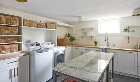 Fresh New Laundry Room in White, Wood and Brass