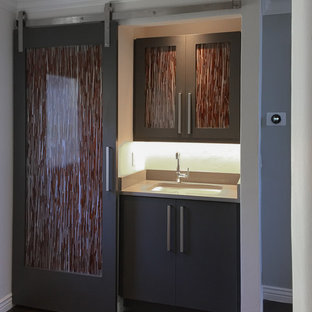 Inspiration for a mid-sized contemporary single-wall dark wood floor and brown floor laundry closet remodel in Denver with an undermount sink, gray walls and a stacked washer/dryer