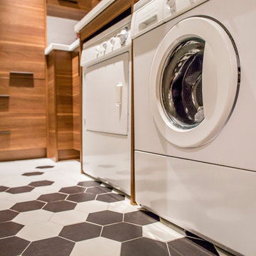 Black, White and warm laundry room