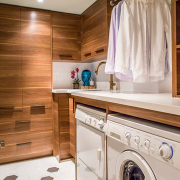 Black, White and warm laundry room
