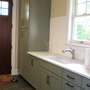 Charming Farmhouse Laundry & Bath Update in Muted Green & Off White