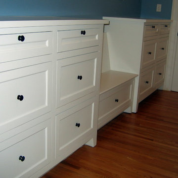 Enameled cabinets: Mudroom lockers, built in bookcases. Full inset cabinets