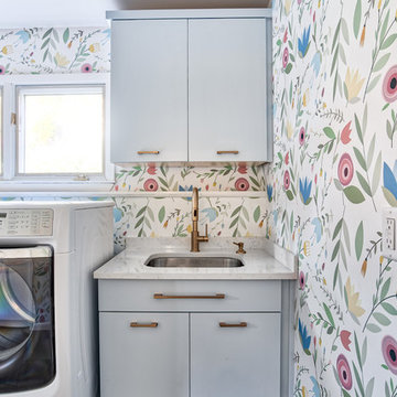 Floral Wallpaper Laundry Room with Blue Vanity