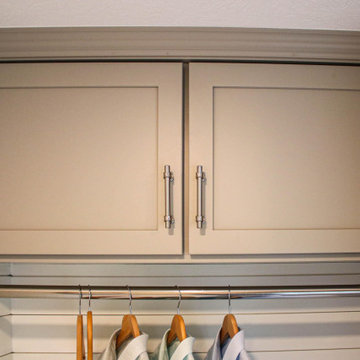 Gray Laundry Room w/ White Shiplap Wall & Kitty Pass Hidden Litterbox in Cabinet
